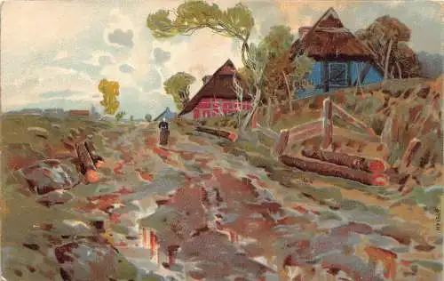 A203 Land Gelände Straße nach Regen Häuser Kunst Vintage Postkarte