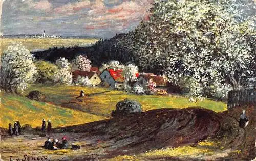 A203 Kunst 1907 Bauern ruhen blühende drei Obstgärten Dorf Postkarte