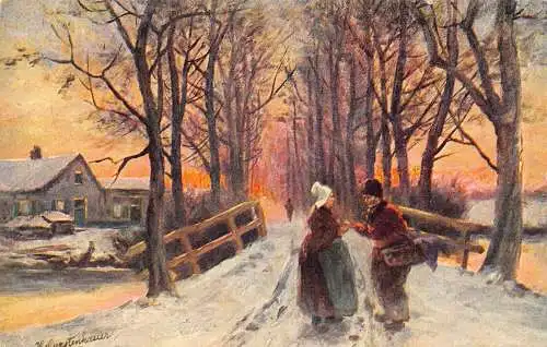 A203 Ausblick 1908 Freunde treffen Schneestraße nackte Bäume Kunst signierte Postkarte