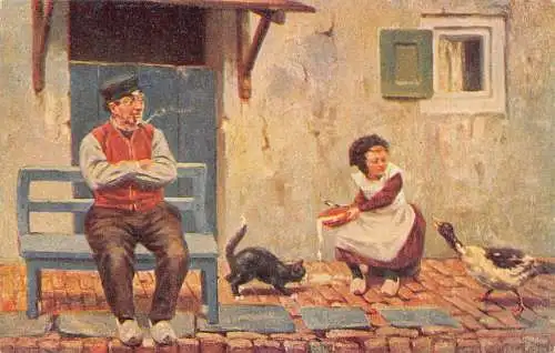 A203 Comic Humor 1908 Frau verschüttet Milch Katze Ente Mann Rauch Zigarette Postkarte
