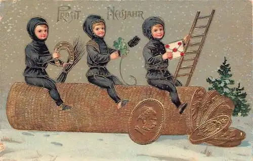 L293 Neujahrsgrüße 1910 Schornsteinfeger Gold Geld Kleeblatt Glück Postkarte