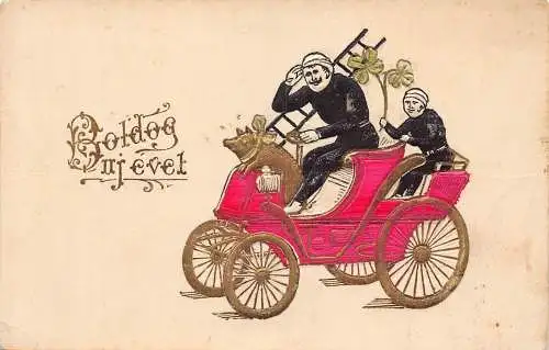 L293 Neujahrsgrüße 1930 Schornsteinfeger Cabrio Auto Schwein Kleeblatt Glück Postkarte