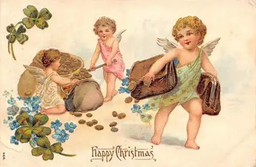 L293 Weihnachtsgrüße 1905 Cherubs Geldsäcke Blumen Kleeblatt Glück Postkarte