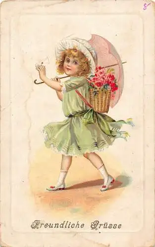 L126 Grüße Mädchen mit Regenschirm Rosenkorb 1917 Feld Postkarte