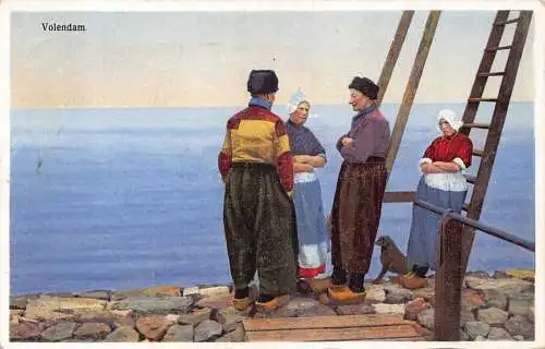 A205 Niederlande Volendam Bauern sprechender Hund Holzschuhe Vintage Postkarte