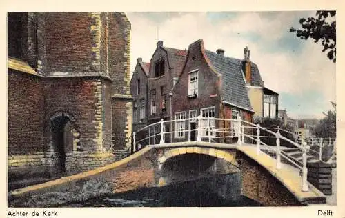 A205 Niederlande Delft Achter de Kerk Kirchenbrücke Vintage Postkarte