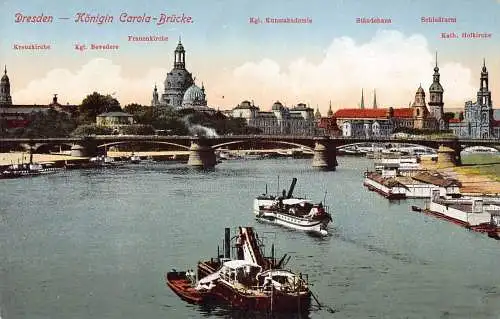 A211 Deutschland Dresden Koenigin Carola Brücke Dampfschiffe Vintage Postkarte