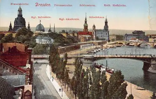 A211 Deutschland Dresdner Frauenkirche Schlossturm Terrassenufer Vintage Postkarte
