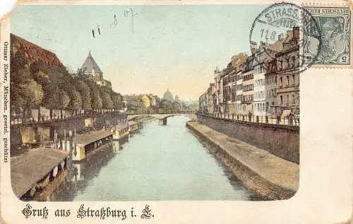 L125 Frankreich 1907 Gruss aus Straßburg Flusslandschaft Litho Vintage Postkarte