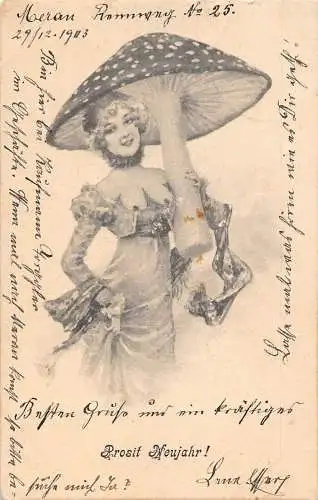 Neujahrsgrüße Dame Riesenpilz Glück 1903 Bozen Vintage Postkarte