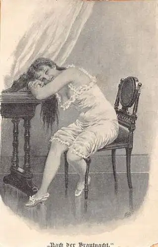 Dame im Pijamas nach der Brautnacht Vintage Postkarte