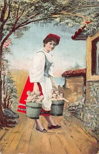 L 417 Surrealismus Dame Multibabys 1906 Fantasy Vintage Postkarte