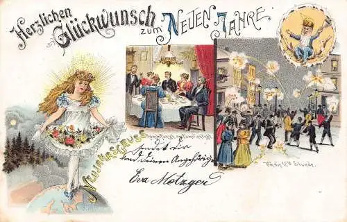 L399 Neujahrsgrüße 1900 Mitternachtsparty Zwerg Erde Litho Vintage Postkarte