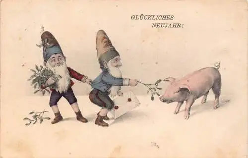 L399 Neujahrsgrüße Zwerge Wichtel Mistel Schwein Glück Vintage Postkarte