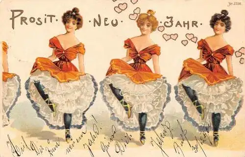 L399 Neujahrsgrüße 1900 Can Can Dance Damen Karl Jozsa Litho Postkarte