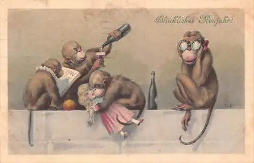 L399 Neujahrsgrüße 1915 Affen vermenschlicht lesen Trinkpuppe Postkarte