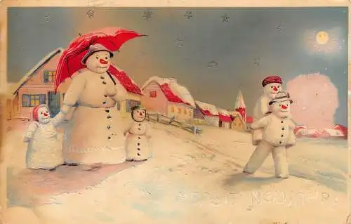 L399 Neujahrsgrüße 1911 Schneemannfamilie vermenschlicht Vintage Postkarte