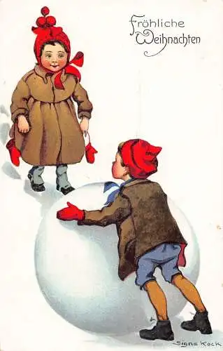 L398 Weihnachtsgrüße 1917 Kinder Riesen Schneeball signiert Kock Postkarte