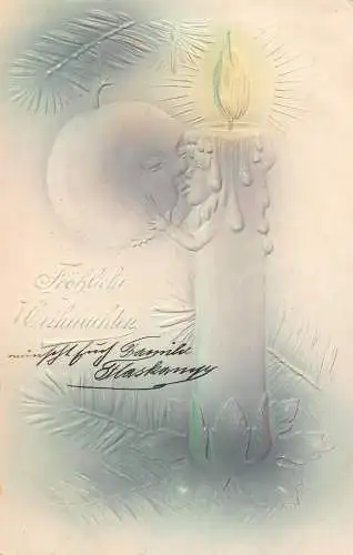 L398 Weihnachtsgrüße 1905 Humanisierte Kerze Apfel küssend geprägte Postkarte