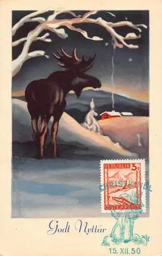 L398 Neujahrsgrüße 1950 Winterlandschaft Elch Vintage Postkarte