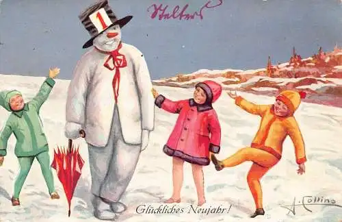 L399 Neujahrsgrüße 1930 Kinder Schneemann vermenschlicht signiert Collino Postkarte