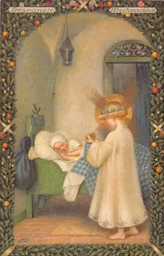 L398 Weihnachtsgrüße Engel beobachtet Kind schlafen Vintage Postkarte