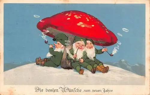 L399 Neujahrsgrüße 1929 Zwerge rauchen Pfeifen unter Pilz Glück Postkarte