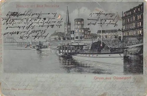 A212 Deutschland Gruss Düsseldorf 1900 Dampfschiff Hold-to-Light Mondschein Postkarte