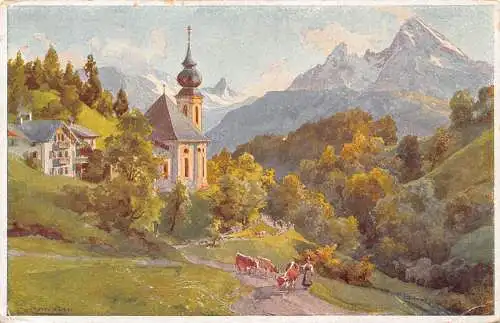 A213 Deutschland Gern Gegen Watzmann Kühe Kunst signiert ET Compton Vintage Postkarte