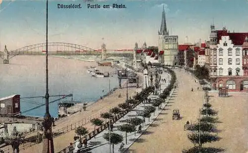 A213 Deutschland 1919 Düsseldorf Blick auf Rhein Dampfschiff Autos Oldtimer Postkarte