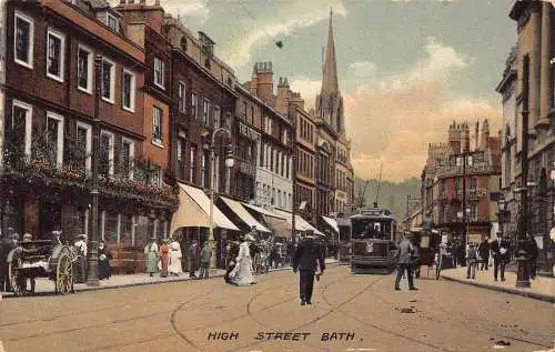 A030 England High Street Bath Straßenbahn The Stores & Market Vintage Postkarte