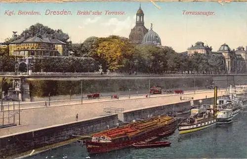 A027 Deutschland Dresden Brühlsche Terrasse Belvedere Dampfschiffe Vintage Postkarte