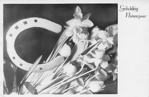 A218 Neujahrsgrüße 1947 Hufeisen Narzisse Blumen Blumenstrauß Vintage Postkarte