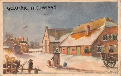 A218 Neujahrsgrüße ganz Dorf Krähe Wagen Brunnen Schnee Vintage Postkarte