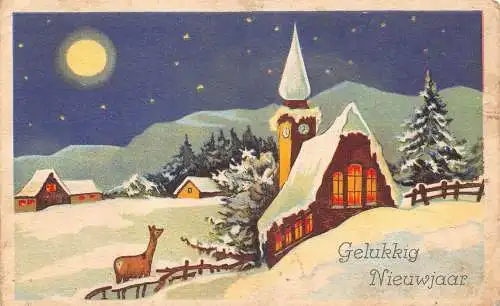 A218 Neujahrsgrüße 1942 Mondschein Hirsch Kirche Schnee Vintage Postkarte