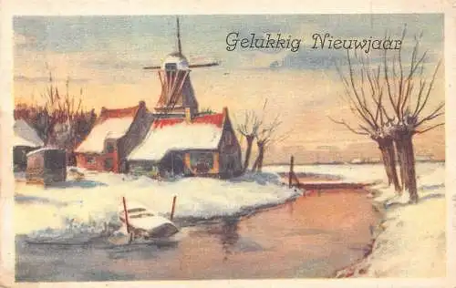 A218 Neujahrsgrüße verschneite Landschaft Windmühle Fluss Vintage Postkarte