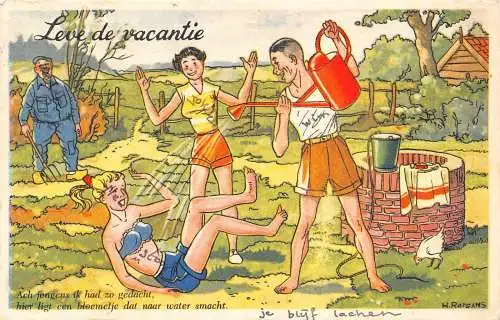 A218 Comic Humor 1958 Jugendliche Wassersprinkler Brunnen Bauer Urlaub Postkarte