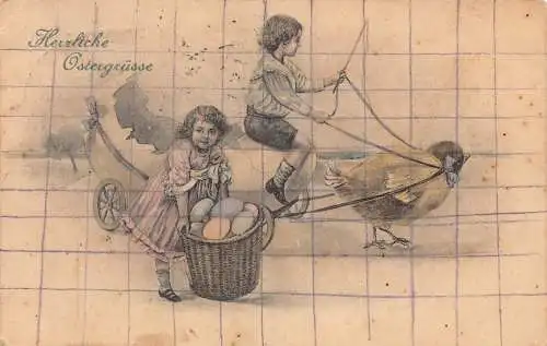 A218 Ostergrüße Allegorischer Eierwagen Küken Kinder Vintage Postkarte