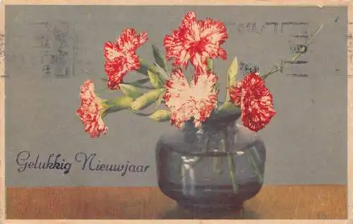 A218 Neujahrsgrüße 1948 Nelke Blumen in Vase Vintage Postkarte