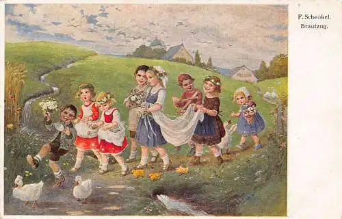 A218 Kunst signiert Franziska Schenkel Kinder Hochzeit Spiel Gans Vintage Postkarte