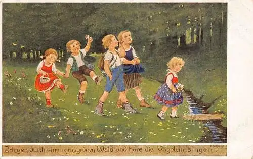 A218 Kunst signiert Franziska Schenkel Kinder spielen im Wald Vintage Postkarte