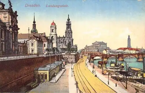 A027 Deutschland Dresden Landungsplatz Platz Brücke Dampfschiffe Vintage Postkarte