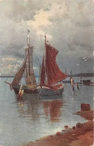 A219 Fischer Segelboote nahe Küste Kunst 1906 Vintage Postkarte