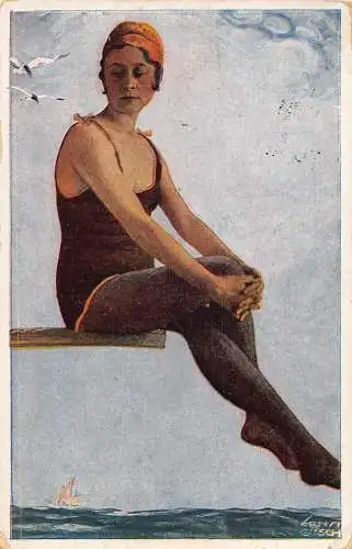 A219 Schwimmerin in Gedanken verloren Schiffskunst signiert Ernst Busch Vintage Postkarte