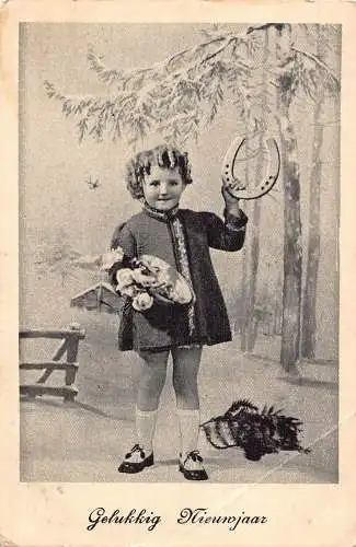 A219 Neujahrsgrüße 1940 Junge Hufeisen Rosen Vintage Postkarte