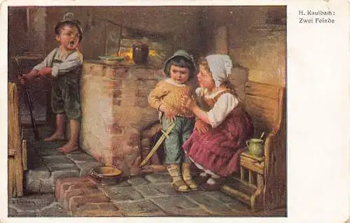 A218 Zwei Feinde Kinder spielen Krieg Kamin Kunst signiert H Kaulbach Postkarte