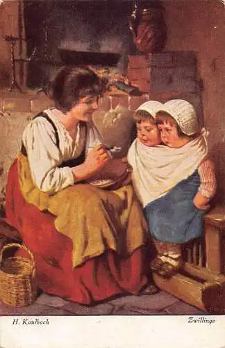 A219 Mother Feeding Twin Boys Art signed H Kaulbach Vintage Postkarte