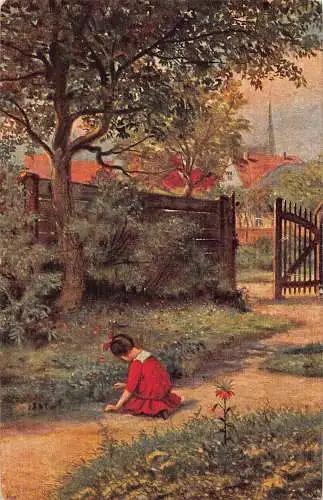 A219 Little Girl Gardner Flowers Art signed A Rose Vintage Postkarte