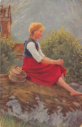 A219 Bauernmädchen ruhender Korb Kunst signiert E Pastor Normann Vintage Postkarte