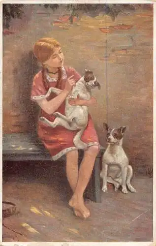 A219 Kunst signiert E Frank Barfuß Mädchen schimpfende Hunde Vintage Postkarte